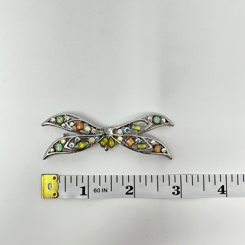 Vintage Dragonfly Brooch Aurora Borealis Rhinestone Art Glass Silver Tone - Picture 10 of 10